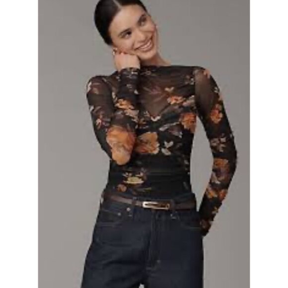 Maeve By Anthropologie XXS Sheer Black Mesh Floral Ruched Top NWT - Picture 1 of 10